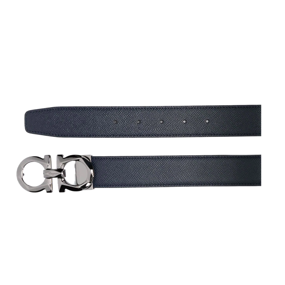 SALVATORE FERRAGAMO REVERSIBLE AND ADJUSTABLE GANCINI BELT OCEAN BLUE/BLACK