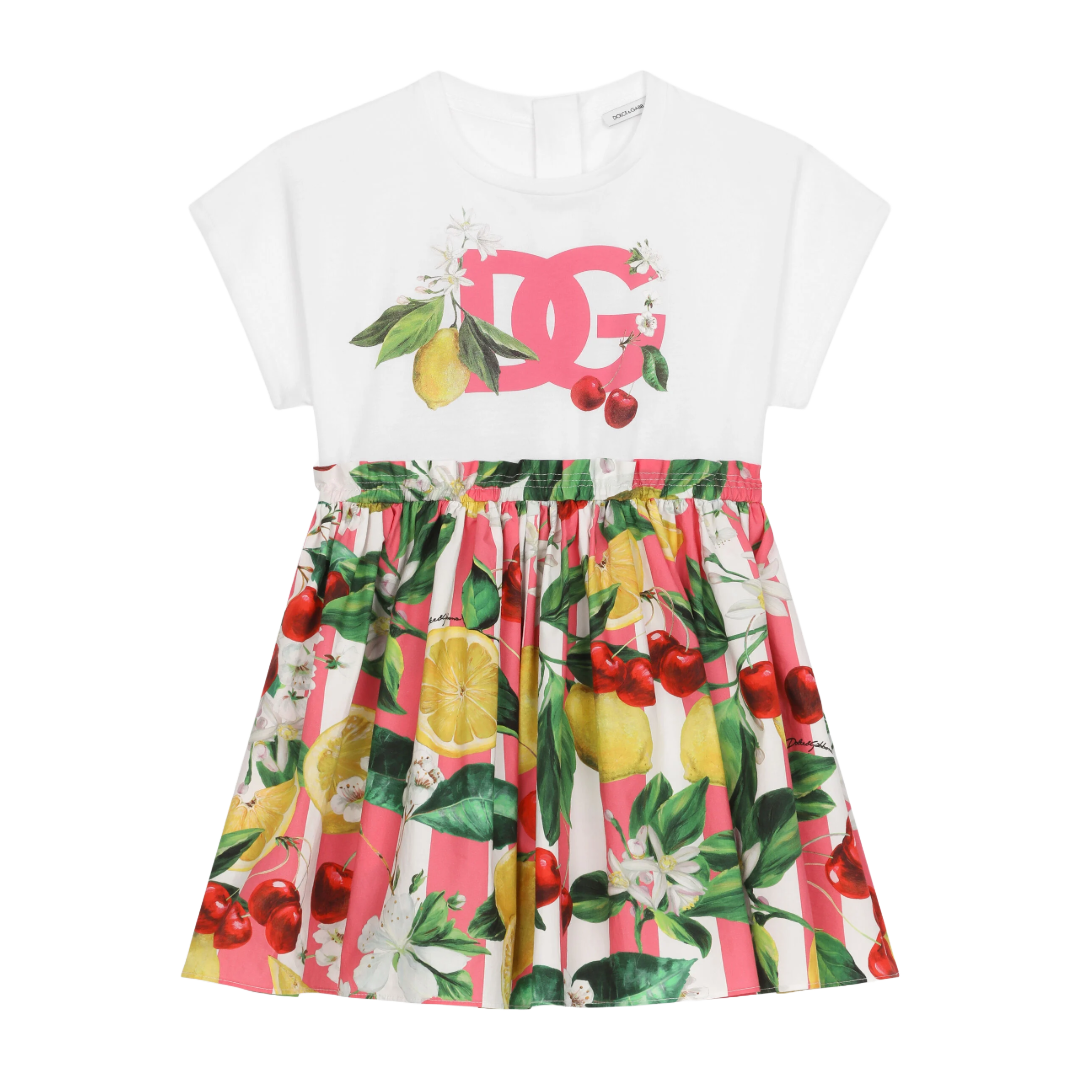 DOLCE & GABBANA KIDS POPLIN AND JERSEY DRESS WITH LEMON AND CHERRY PRINT MULTICOLOR