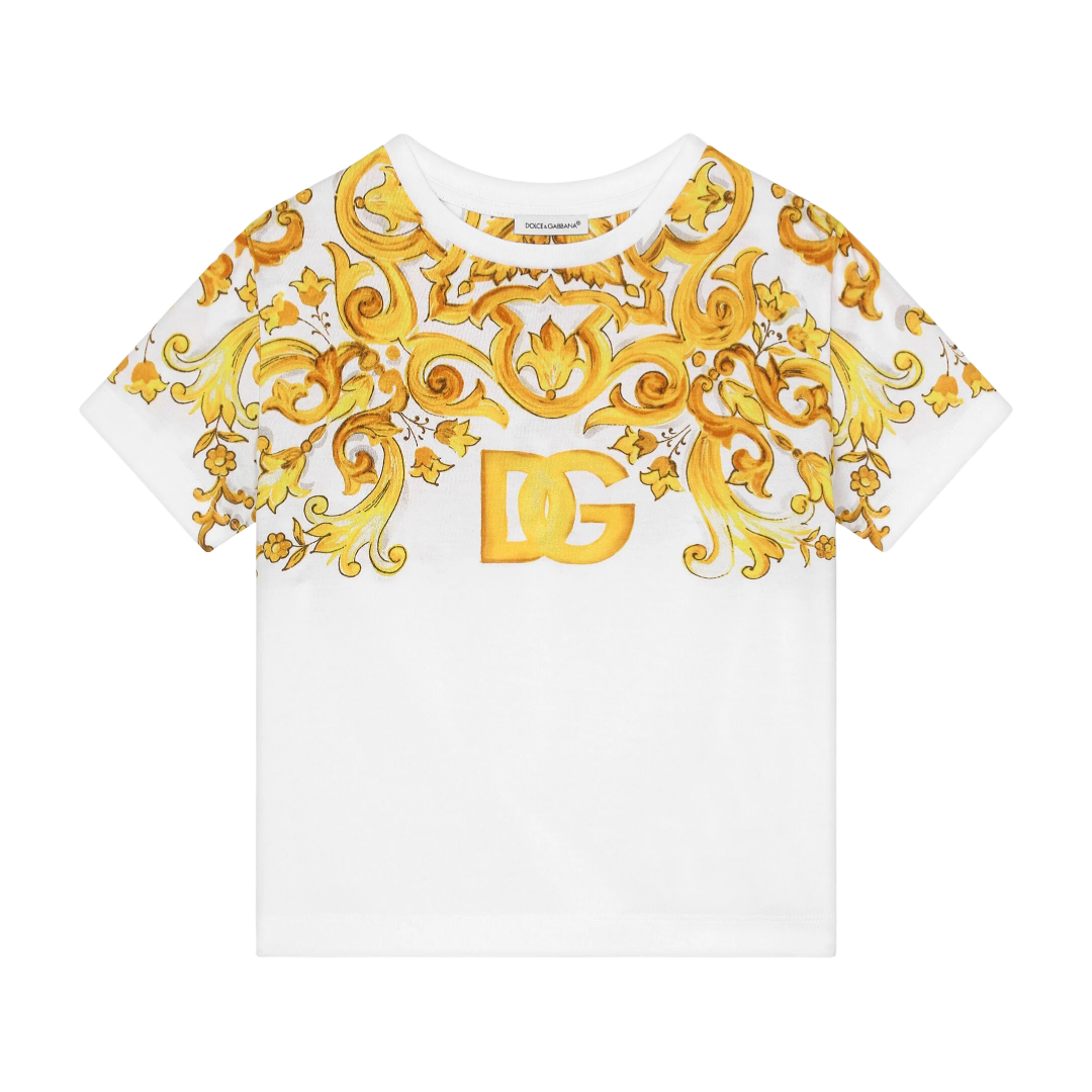 KIDS BABY JERSEY T-SHIRT WITH YELLOW MAJOLICA PRINT AND DG LOGO