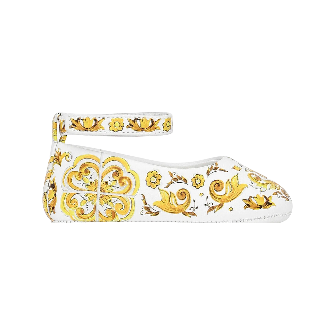KIDS BABY LAMBSKIN BALLET FLATS WITH YELLOW MAJOLICA PRINT