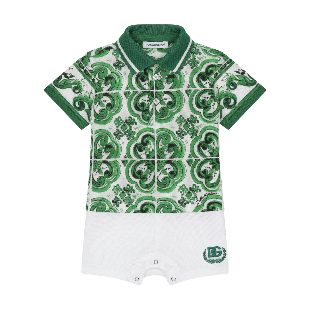 KIDS BABY PIQUE ONESIE WITH GREEN MAJOLICA PRINT AND DG LOGO GREEN