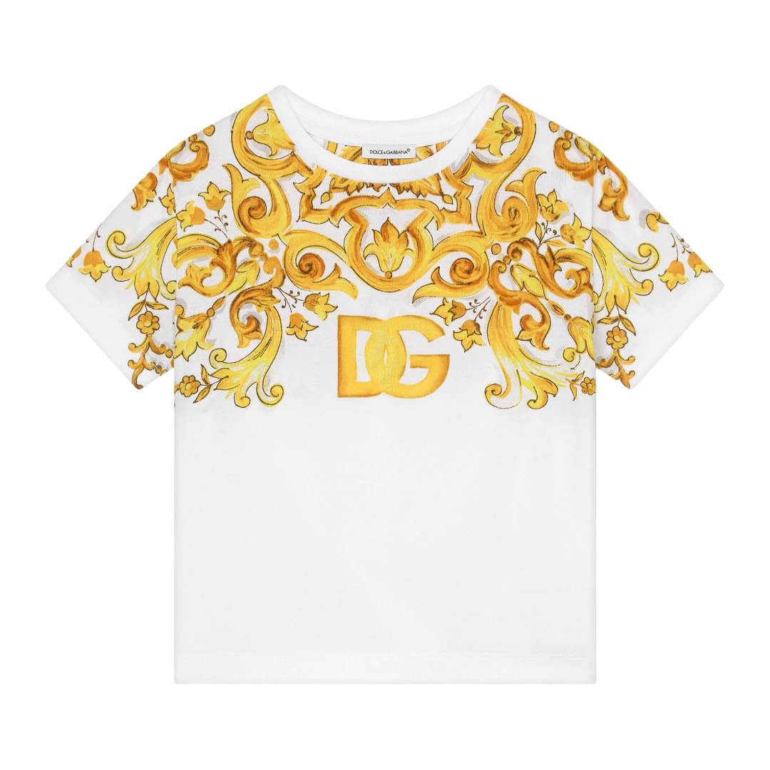KIDS JERSEY T-SHIRT WITH YELLOW MAJOLICA PRINT AND DG LOGO