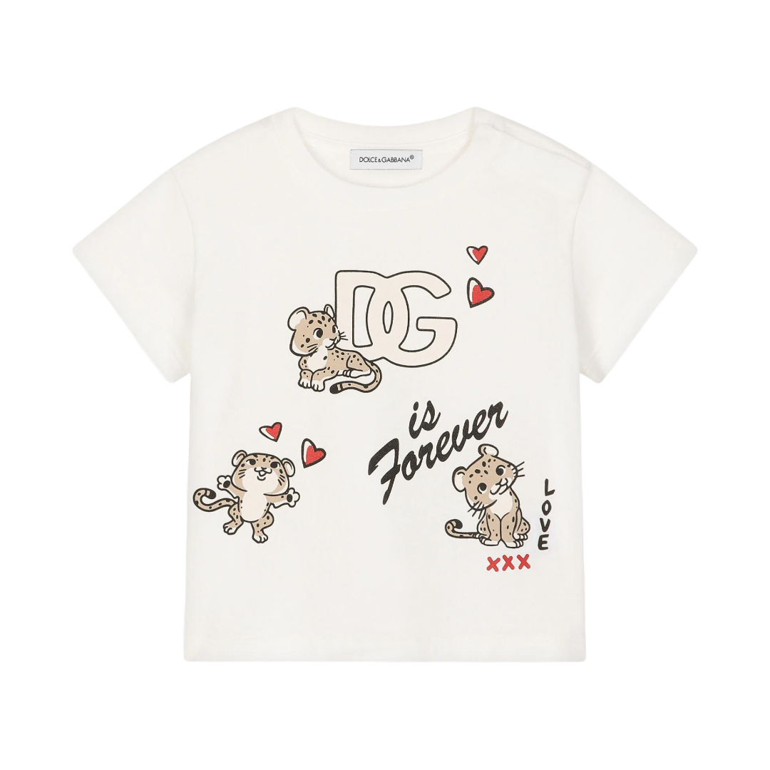 KIDS BABY JERSEY T-SHIRT WITH DG LOGO AND LEOPARD WHITE