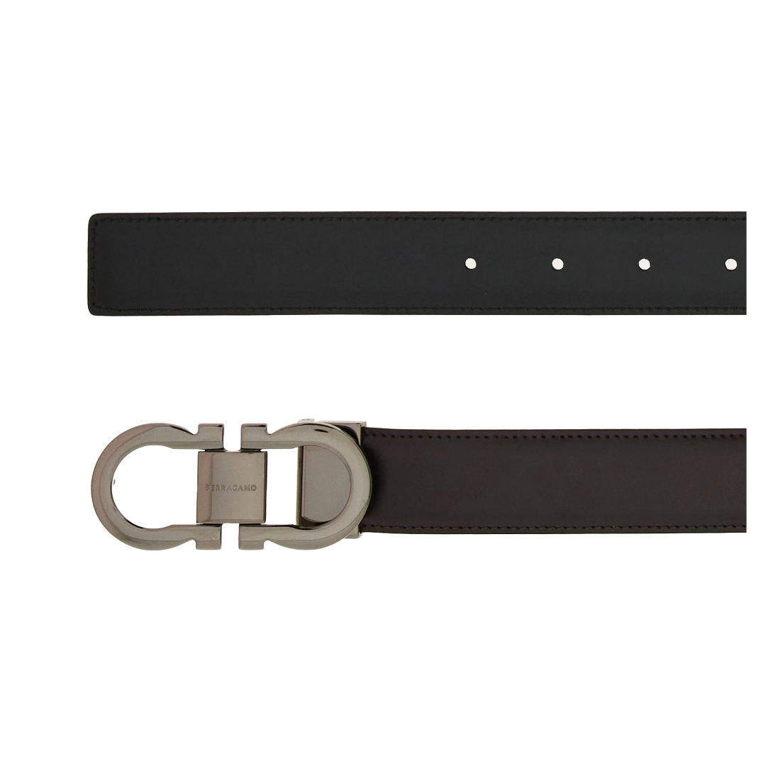 FERRAGAMO GANCINI REVERSIBLE AND ADJUSTABLE BELT BLACK/DARK BROWN