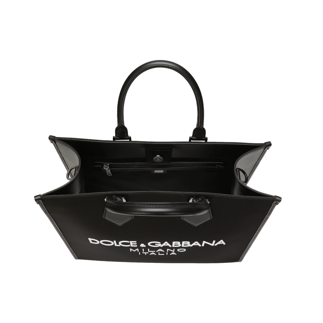 DOLCE & GABBANA LARGE NYLON SHOPPER WITH RUBBERIZED LOGO BLACK /WHITE