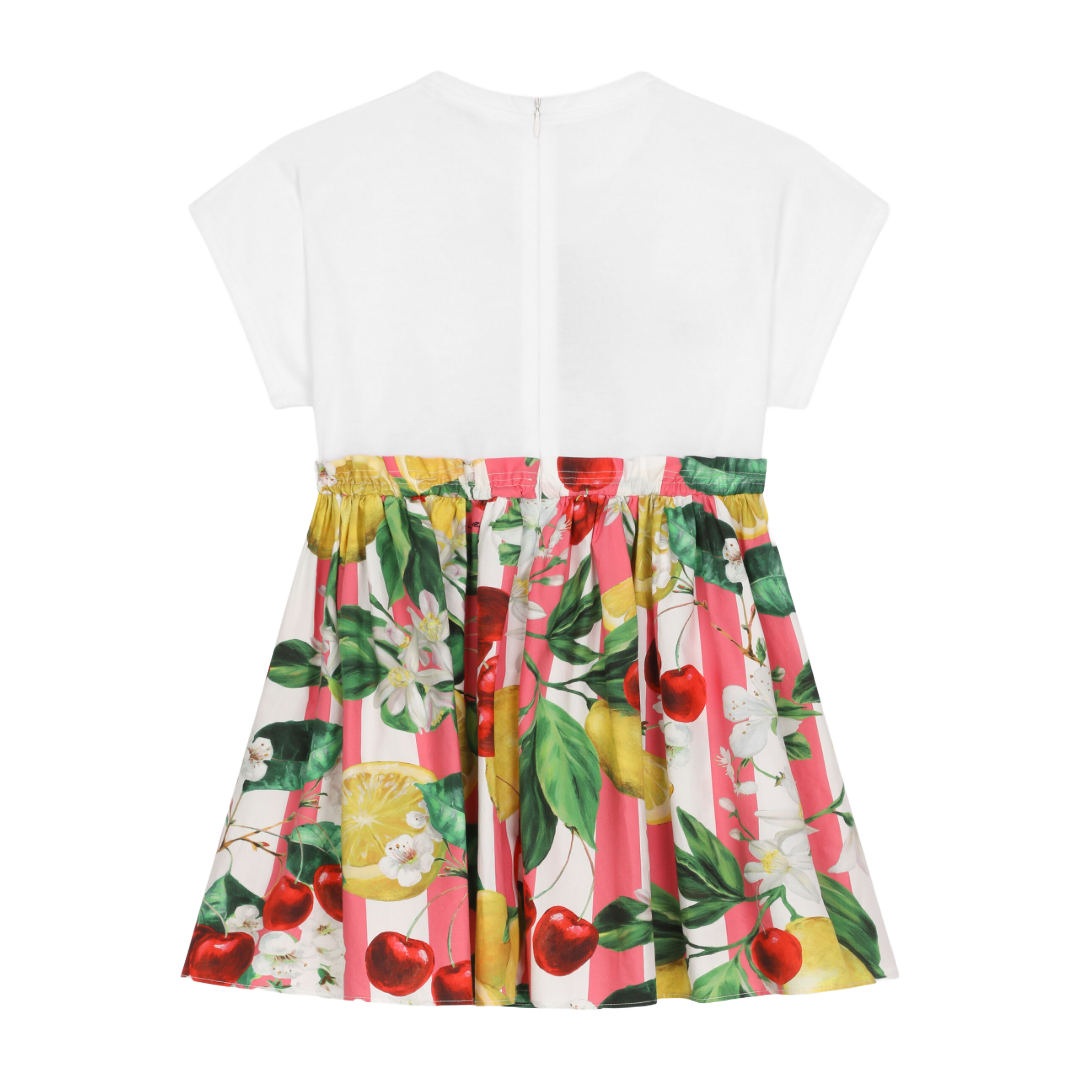 DOLCE & GABBANA KIDS POPLIN AND JERSEY DRESS WITH LEMON AND CHERRY PRINT MULTICOLOR