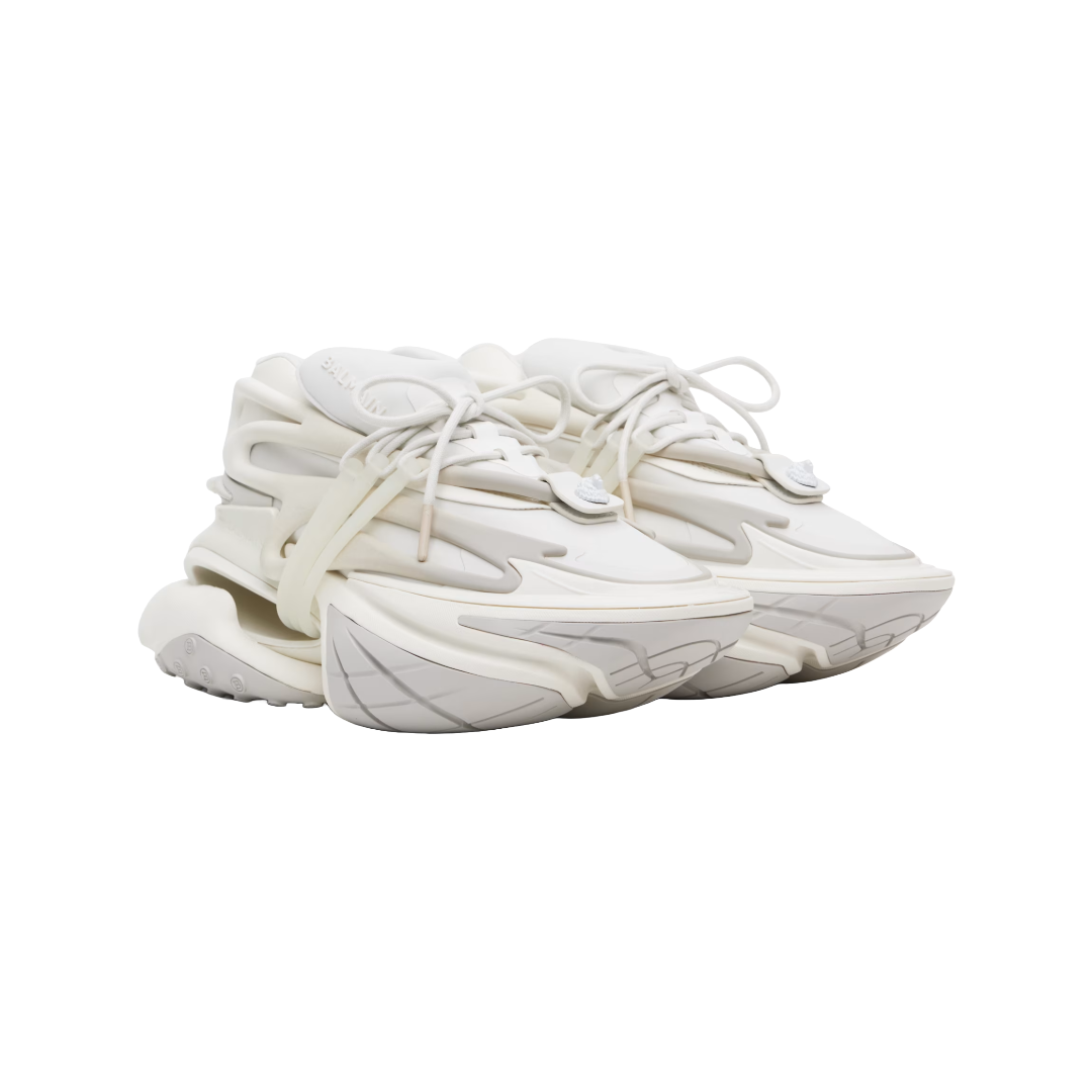 WHITE BALMAIN NEOPRENE AND LEATHER UNICORN LOW TOP SNEAKERS