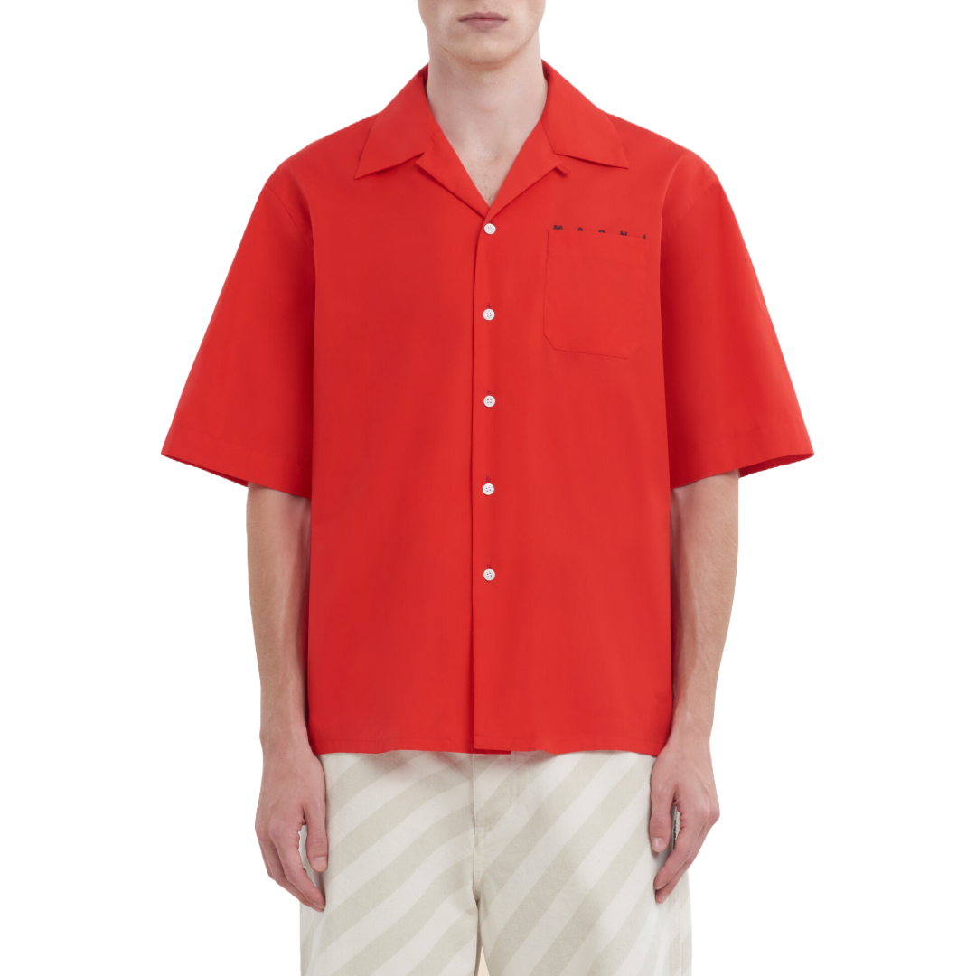 RED ORGANIC POPLIN BOWLING SHIRT WITH HIDDEN LOGO