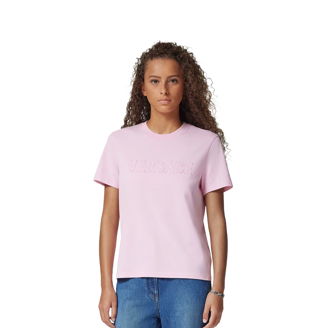 FRINGED EMBROIDERED LOGO SLIM-FIT T-SHIRT PINK