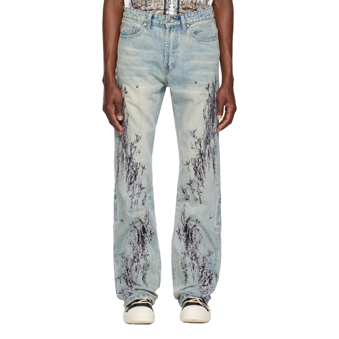 SCRATCHED DENIM JEANS
