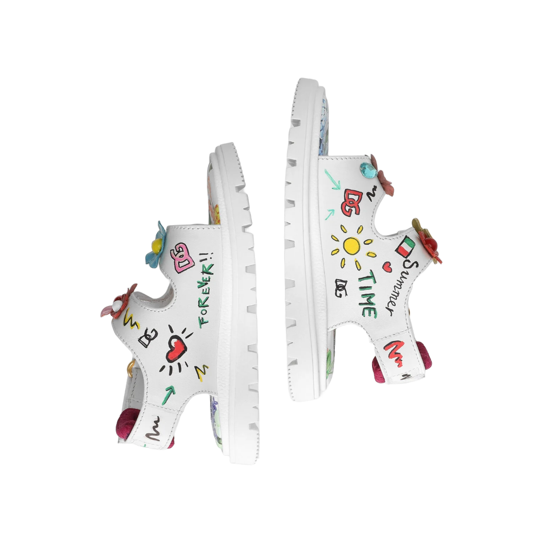 KIDS PRINTED CALFSKIN SANDALS WITH FLOWERS AND DG LOGO