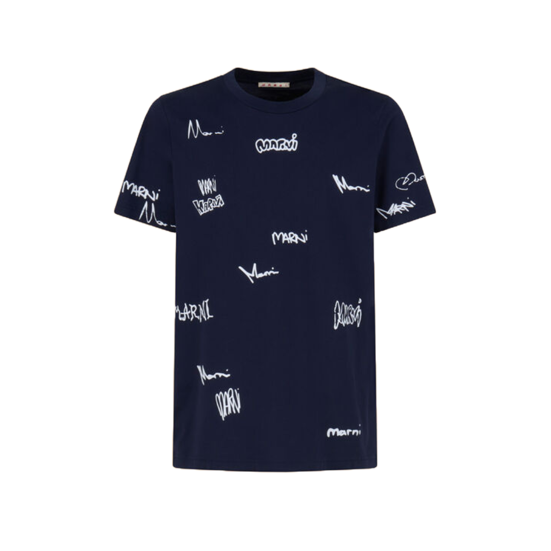 DEEP BLUE COTTON T-SHIRT WITH MULTIGRAM MARNI PRINT