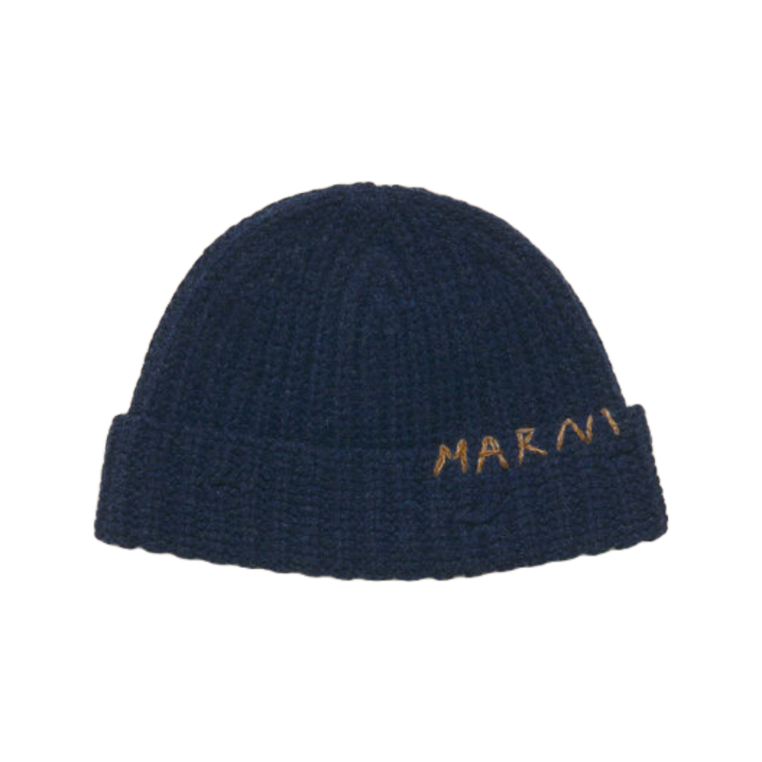 DEEP BLUE RIBBED BEANIE WITH HAND-STITCHED LOGO