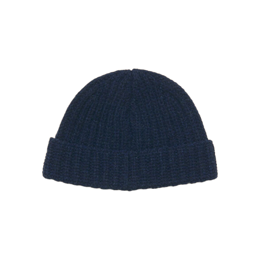 DEEP BLUE RIBBED BEANIE WITH HAND-STITCHED LOGO