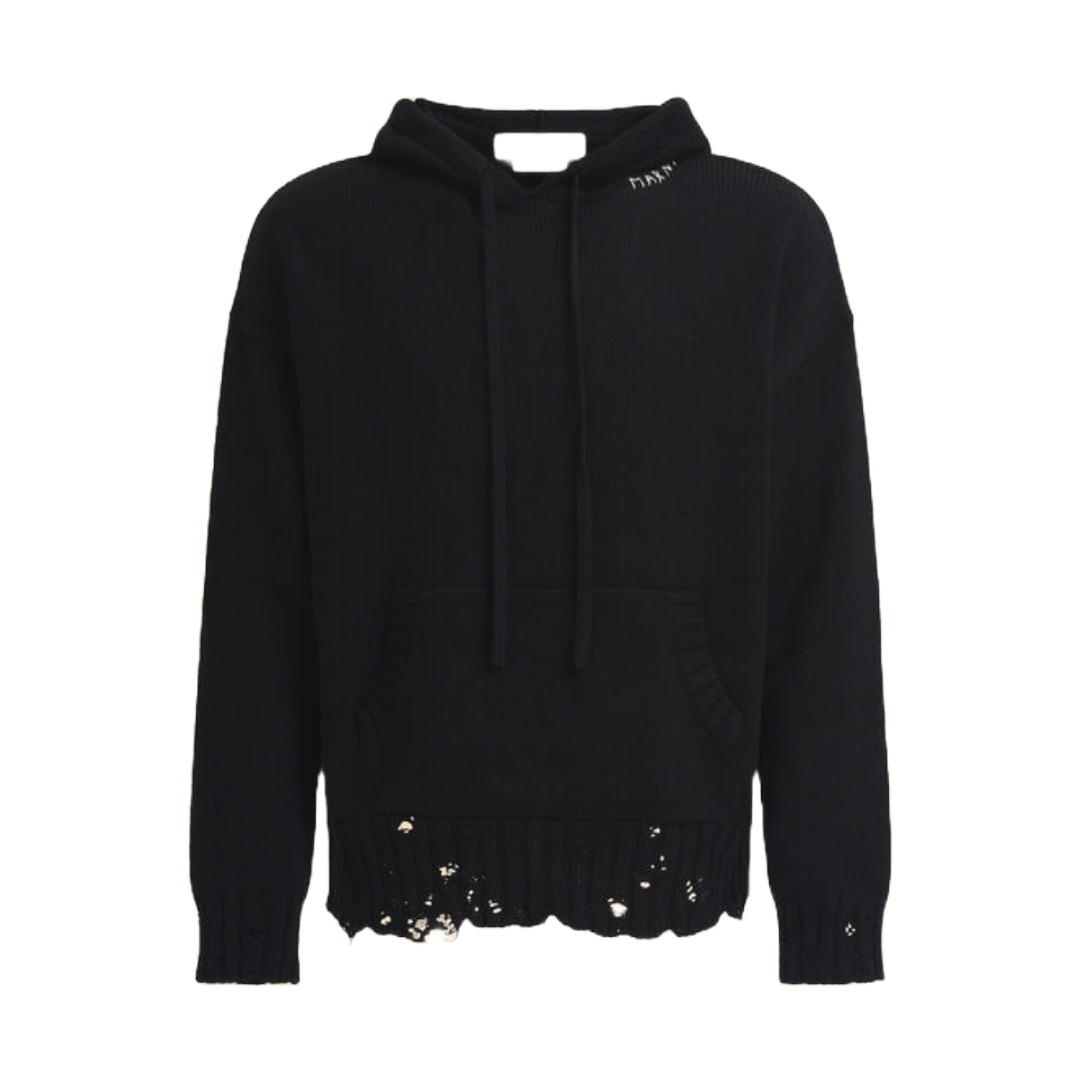 BLACK DISHEVELLED COTTON HOODIE WITH MARNI SYMBOL EMBROIDERY