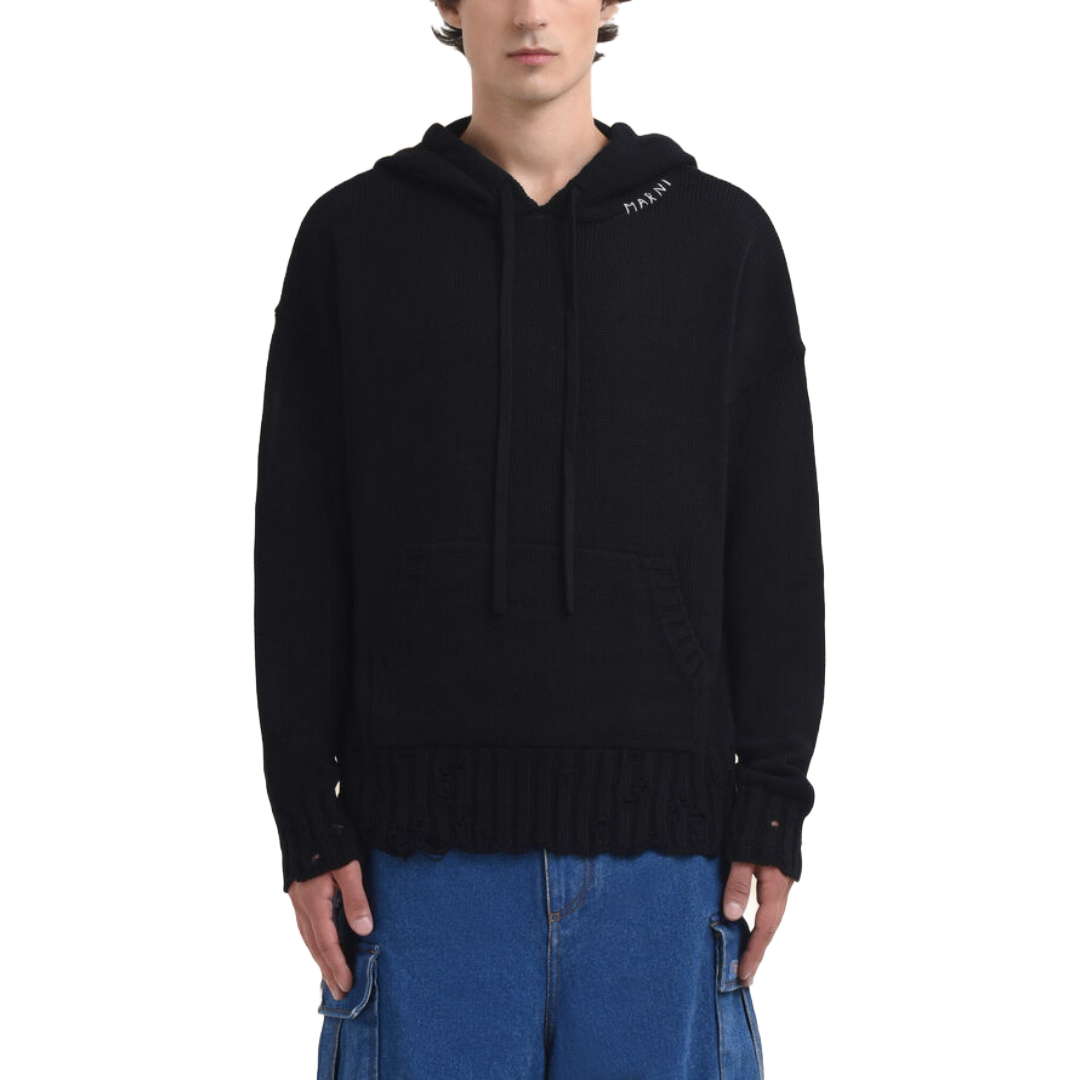 BLACK DISHEVELLED COTTON HOODIE WITH MARNI SYMBOL EMBROIDERY