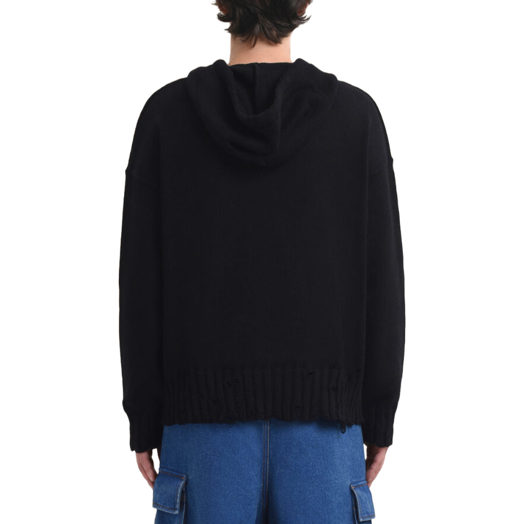 BLACK DISHEVELLED COTTON HOODIE WITH MARNI SYMBOL EMBROIDERY
