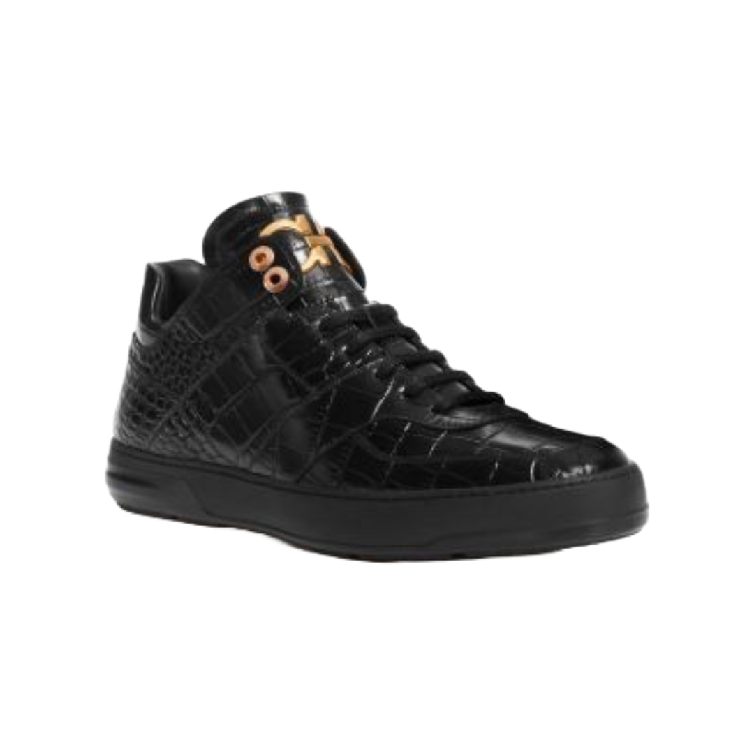 CROCODILE EMBOSSED LEATHER HIGH TOP SNEAKER BLACK
