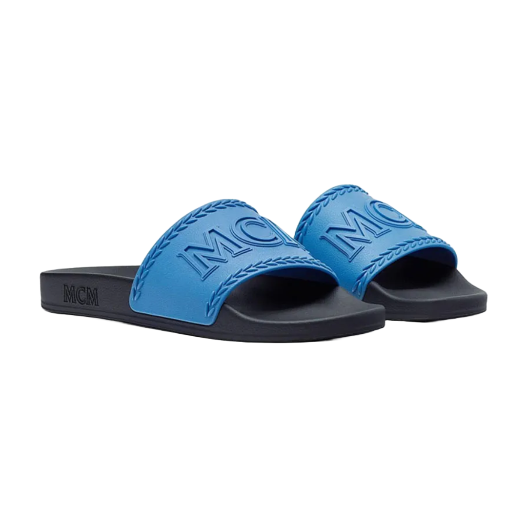 MCM MEN'S LOGO RUBBER SLIDES BLUE
