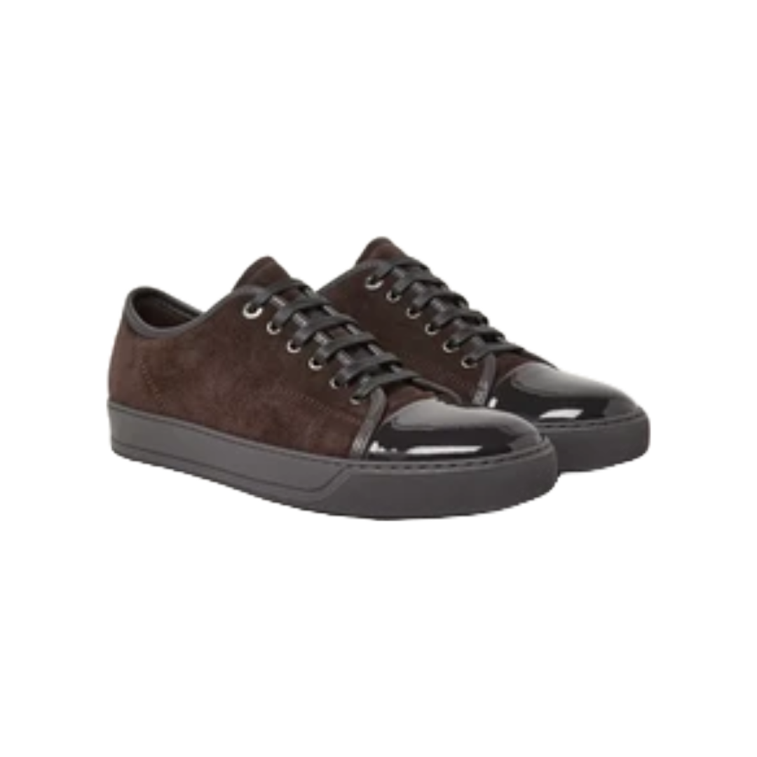 CAP-TOE SUEDE AND PATENT LEATHER SNEAKERS IN DARK BROWN