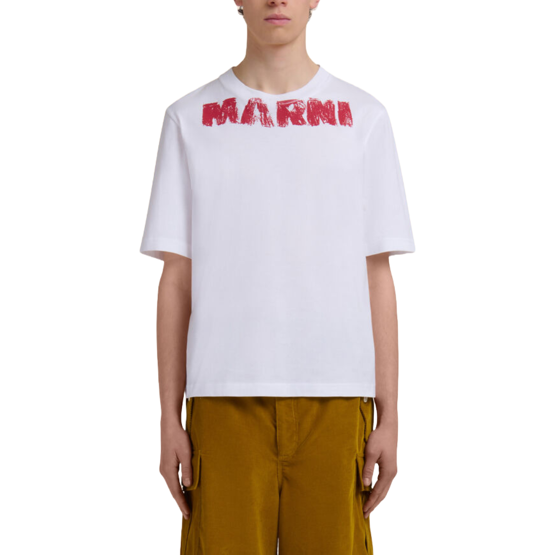 WHITE COTTON T-SHIRT WITH MARNI MONOLITH PRINT