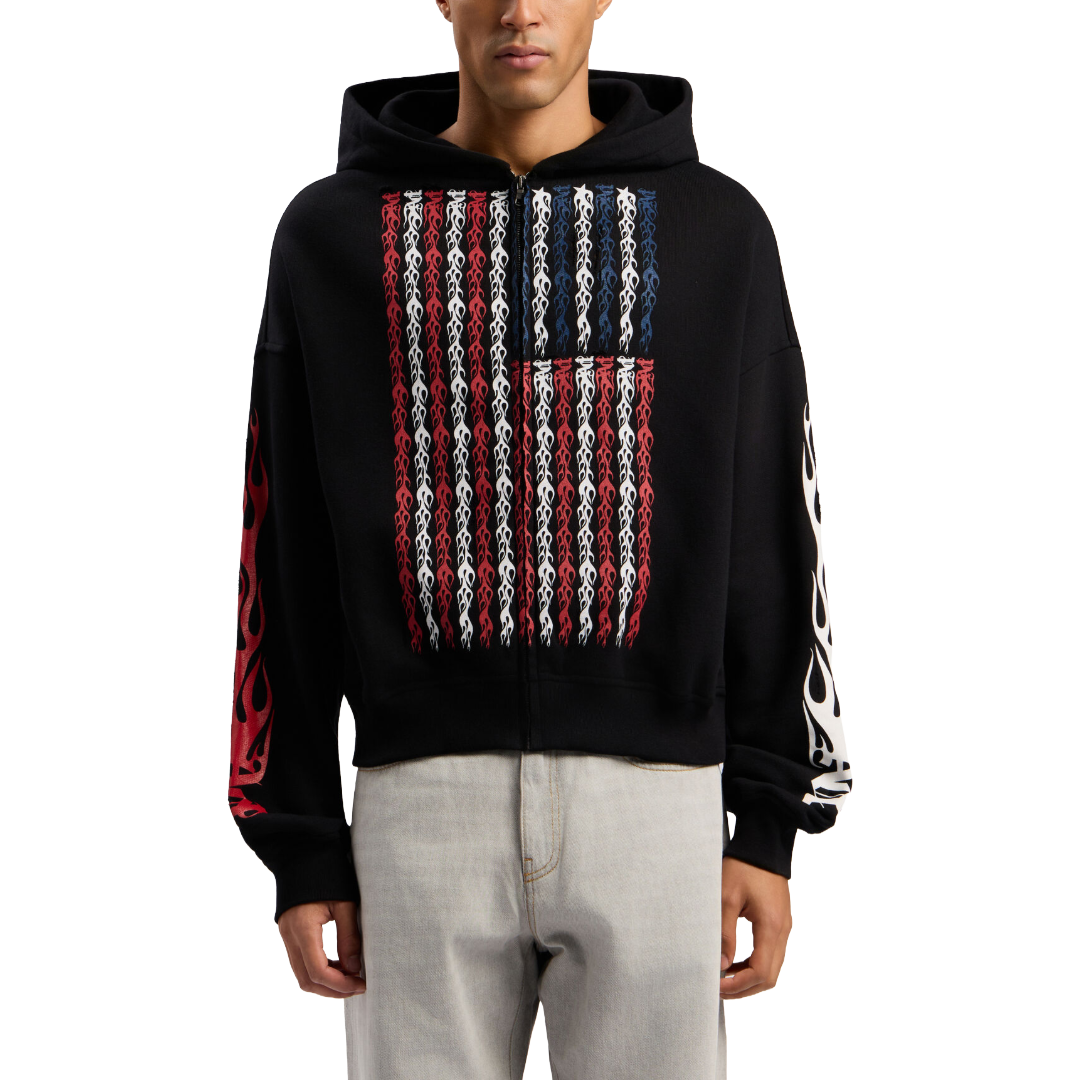 FLAMES FLAG ZIP HOODIE IN BLACK