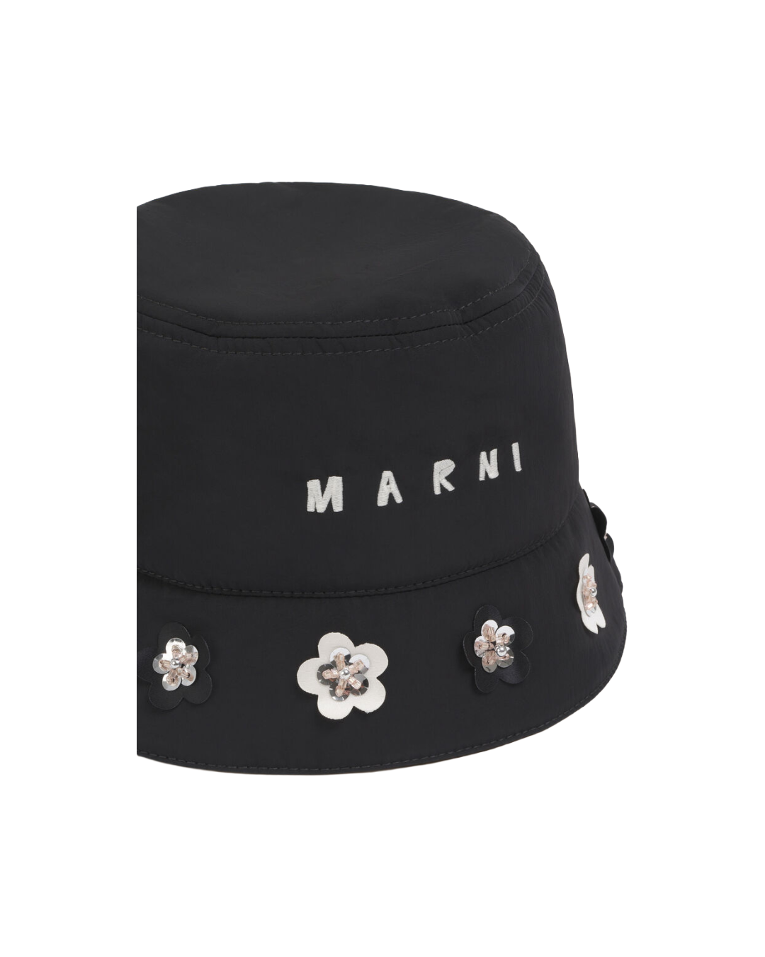 BLACK TAFFETA BUCKET HAT WITH DASIY APPLIQÚES