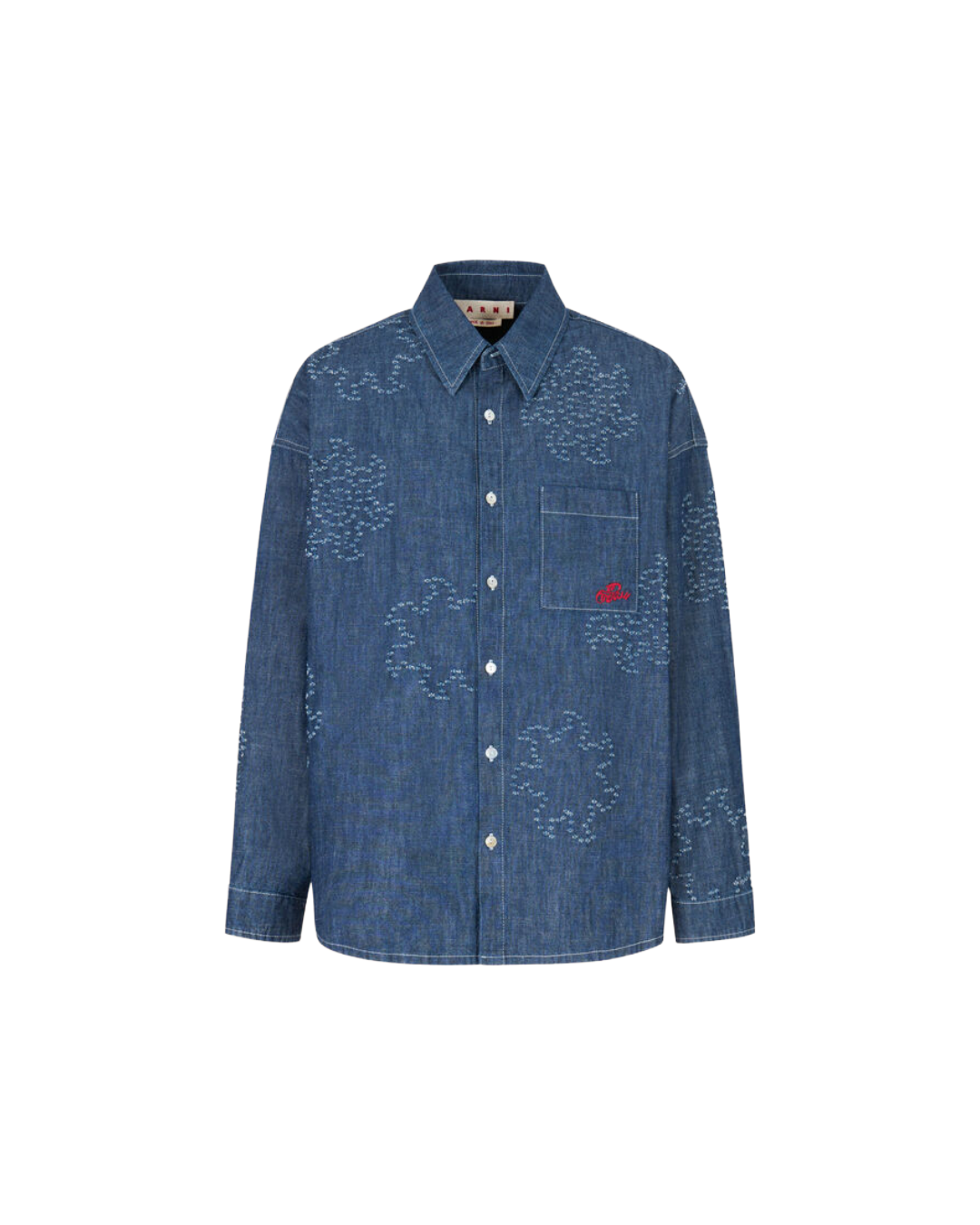 BLUE CHAMBRAY OVERSIZED SHIRT WITH FRAYED SUN MOTIF