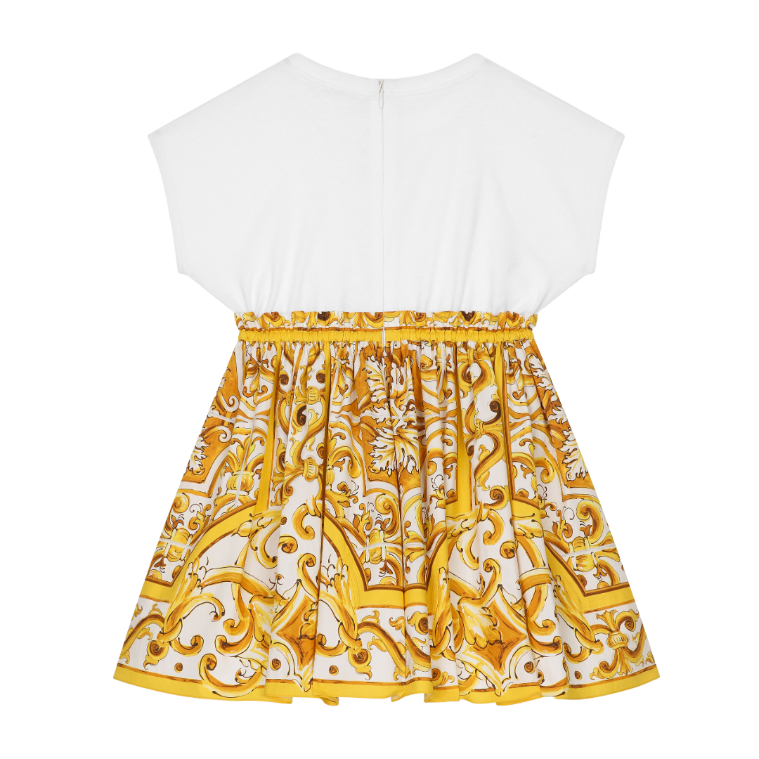 KIDS POPLIN AND JERSEY DRESS WITH YELLOW MAJOLICA PRINT