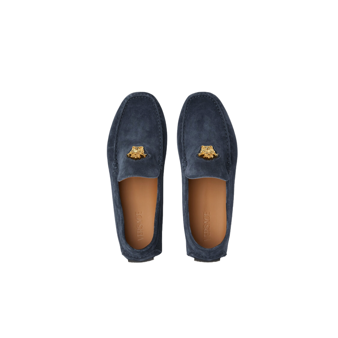 VERSACE LA MEDUSA STUDDED GRECA VELVET DRIVER SUEDE SHOES  NAVY