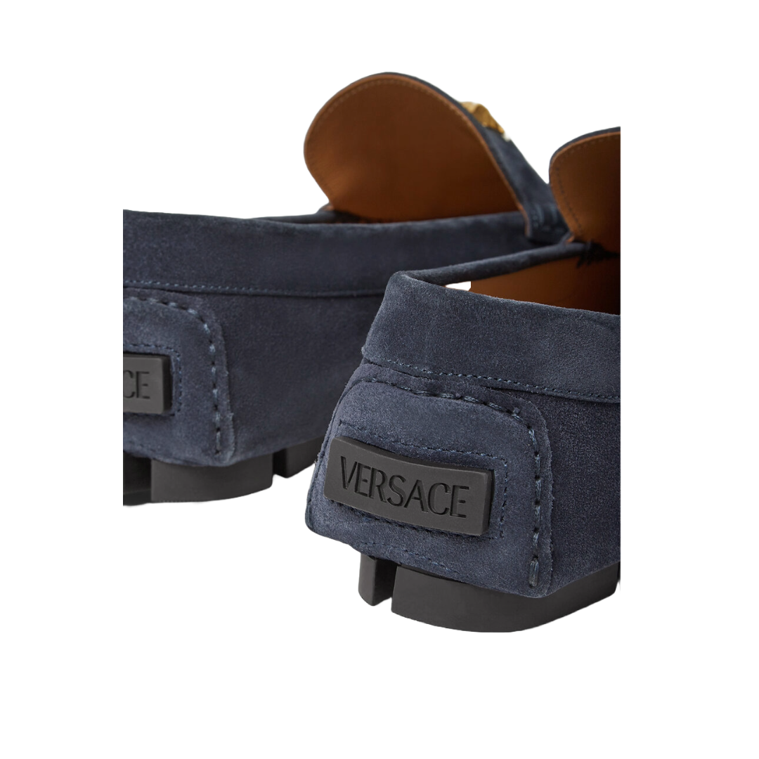 VERSACE LA MEDUSA STUDDED GRECA VELVET DRIVER SUEDE SHOES  NAVY