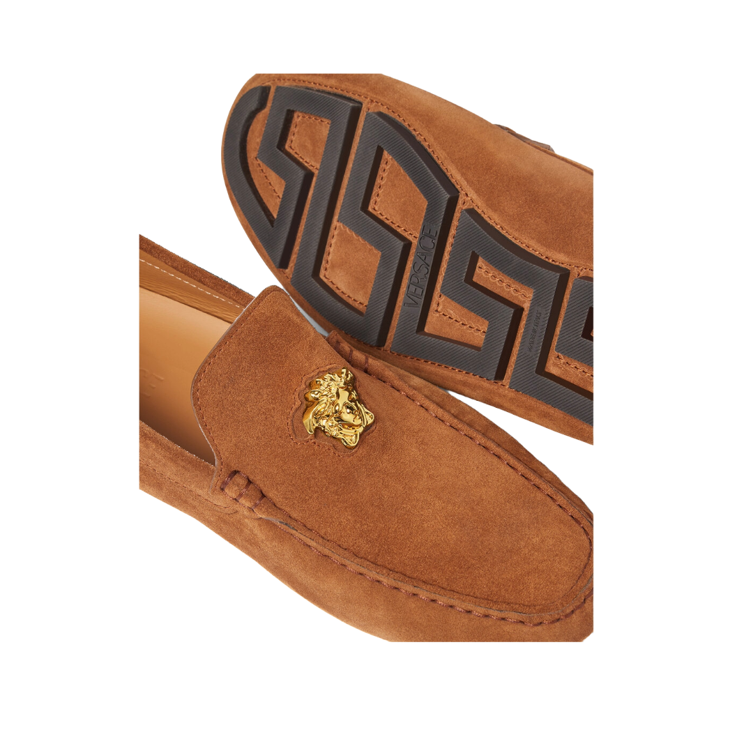 VERSACE STUDDED GRECA LA MEDUSA SUEDE DRIVER SHOES TOFFEE