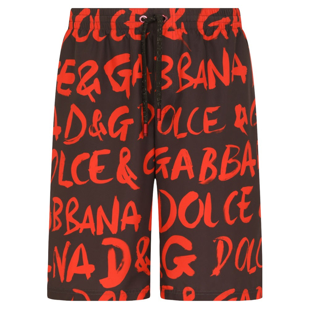 DOLCE & GABBANA LONG SWIM TRUNKS WITH LOGO PRINT