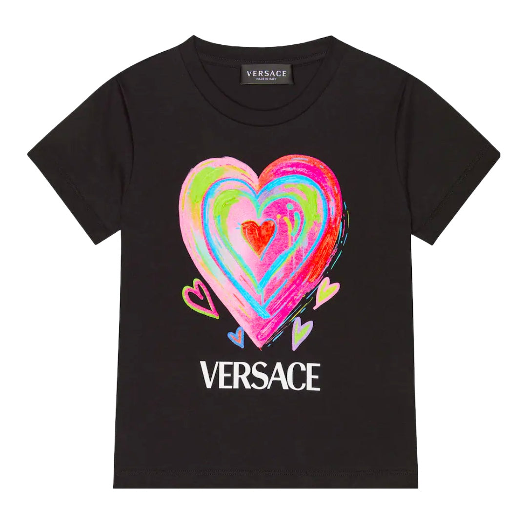 KIDS VERSACE LOGO HEART PRINT T-SHIRT BLACK/ MULTICOLOR