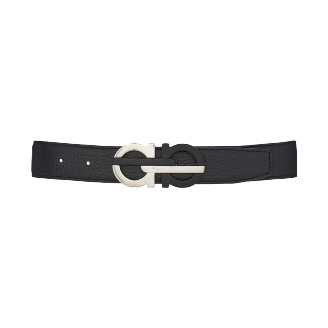 SALVATORE FERRAGAMO REVERSIBLE AND ADJUSTABLE GANCINI BELT BLACK/RAFIA