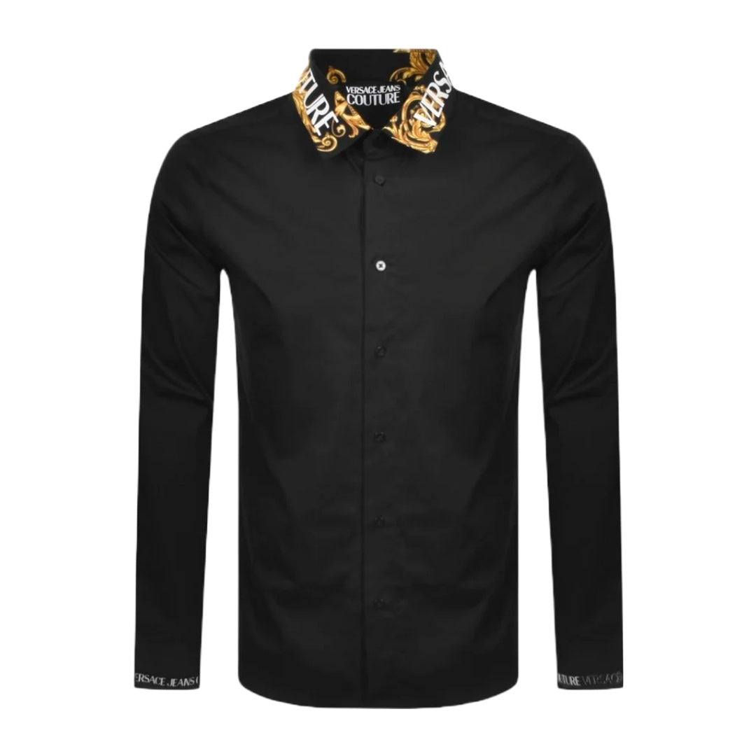 versace black and gold dress shirt Formal Black And Yellow Gold Versace Jersey Chain Link Fitted Shirt Size 40