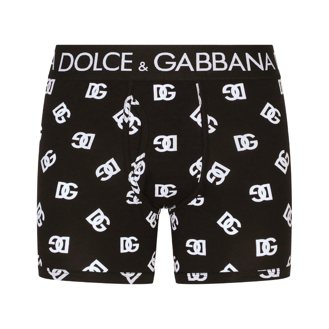DOLCE & GABBANA LONG-LEG BOXER WITH DG LOGO PRINT BLACK/WHITE