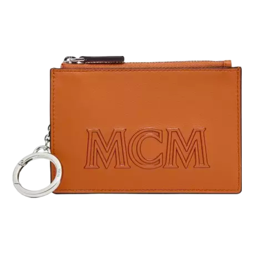 MCM AREN LEATHER SMALL KEY CASE BIG MCM LOGO COGNAC