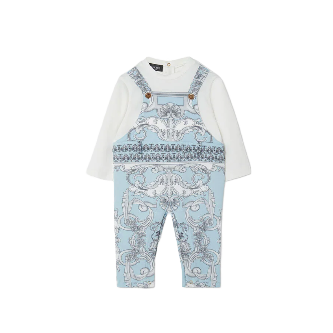 KIDS VERSACE SILVER BAROQUE BABY OVERALLS TURQUOISE/WHITE