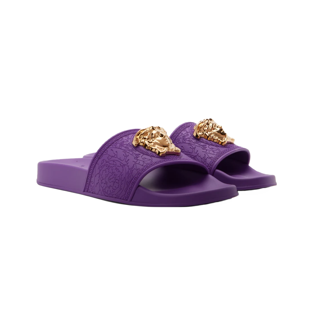 VERSACE WOMENS PALAZZO SLIDES DEEP PURPLE/GOLD