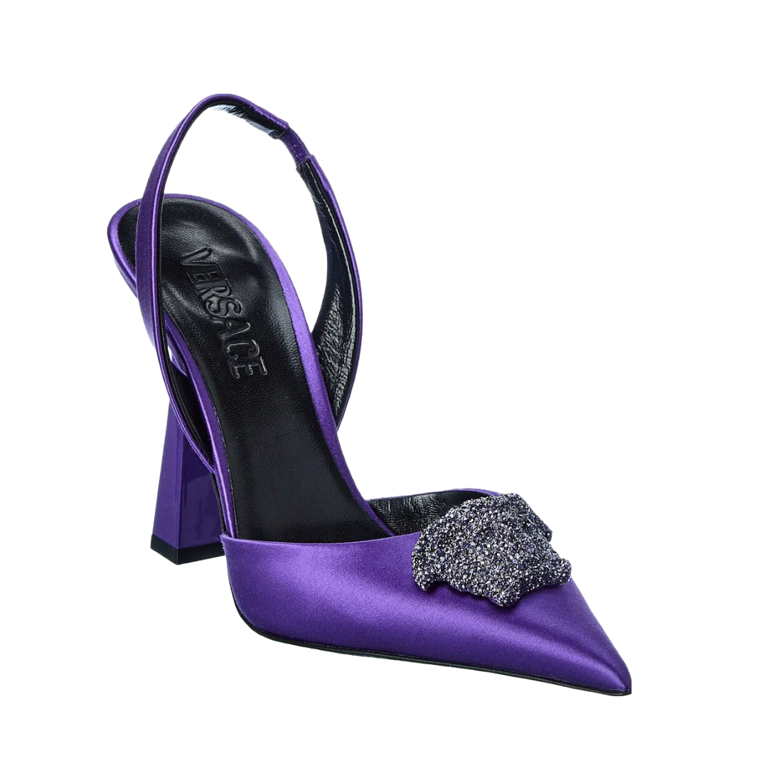 VERSACE CRYSTAL LA MEDUSA SATIN SLING-BACK PUMPS TRUE PURPLE