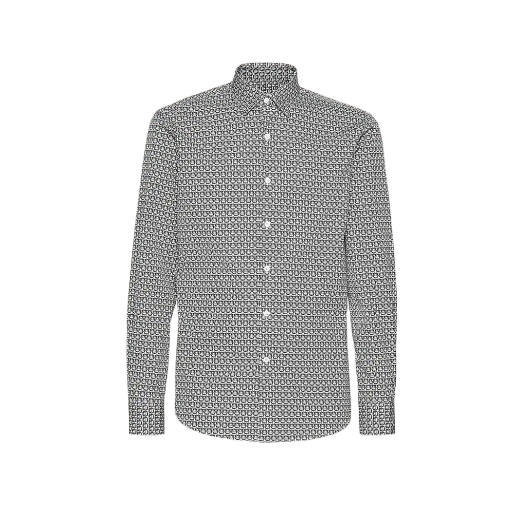 SALVATORE FERRAGAMO LONG SLEEVE SPORT SHIRT WHITE/NAVY BLUE