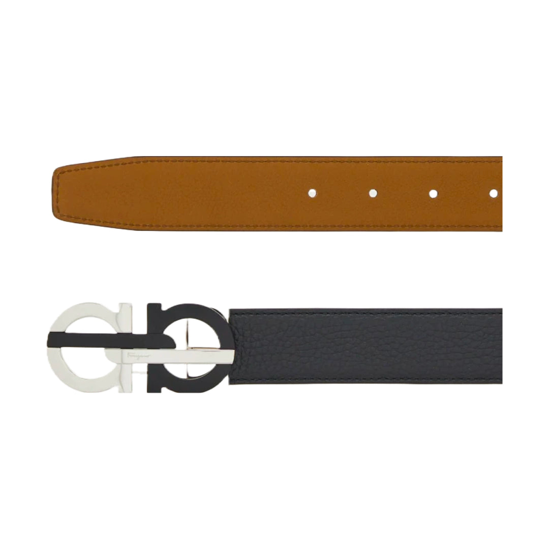 SALVATORE FERRAGAMO REVERSIBLE AND ADJUSTABLE GANCINI BELT BLACK/RAFIA