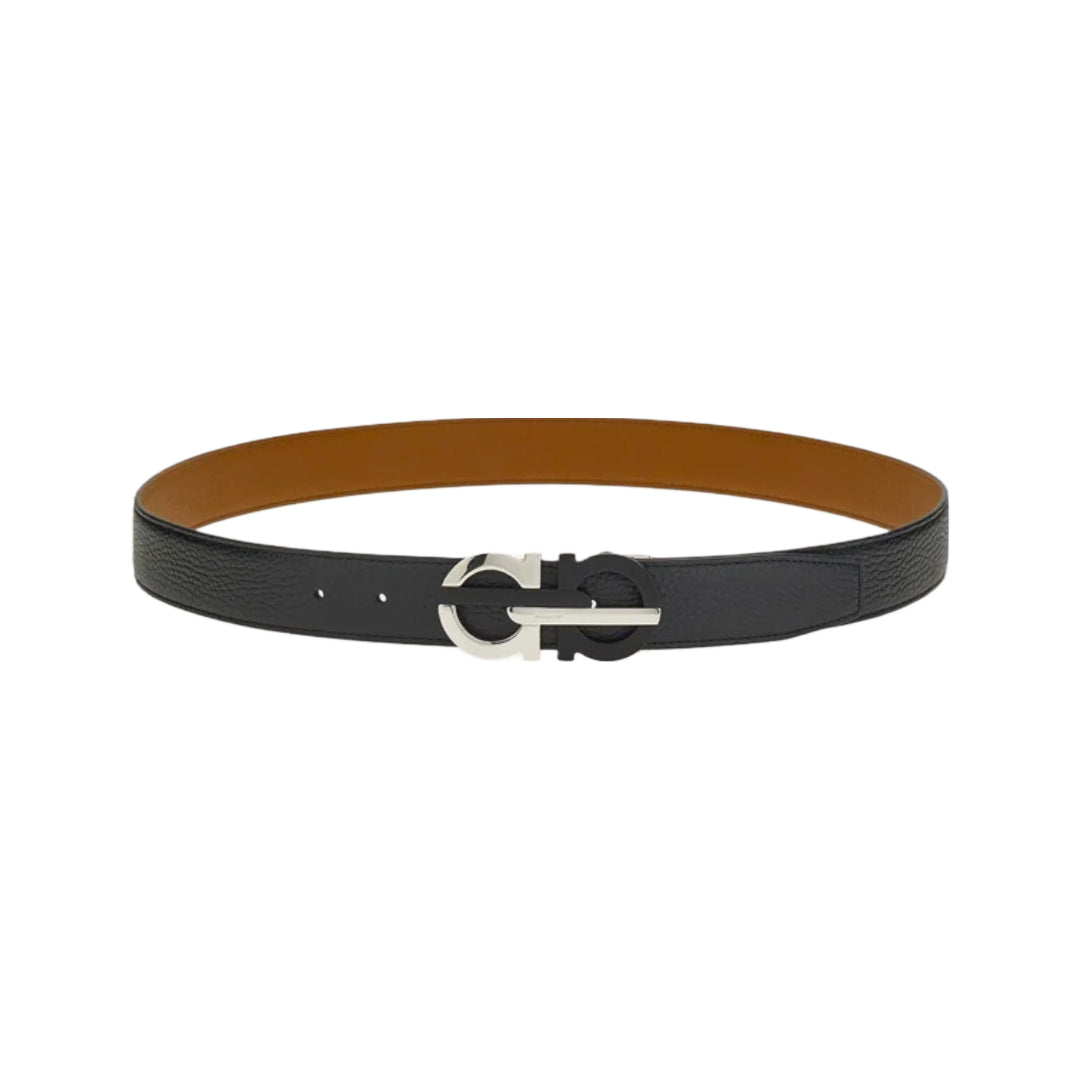 SALVATORE FERRAGAMO REVERSIBLE AND ADJUSTABLE GANCINI BELT BLACK/RAFIA
