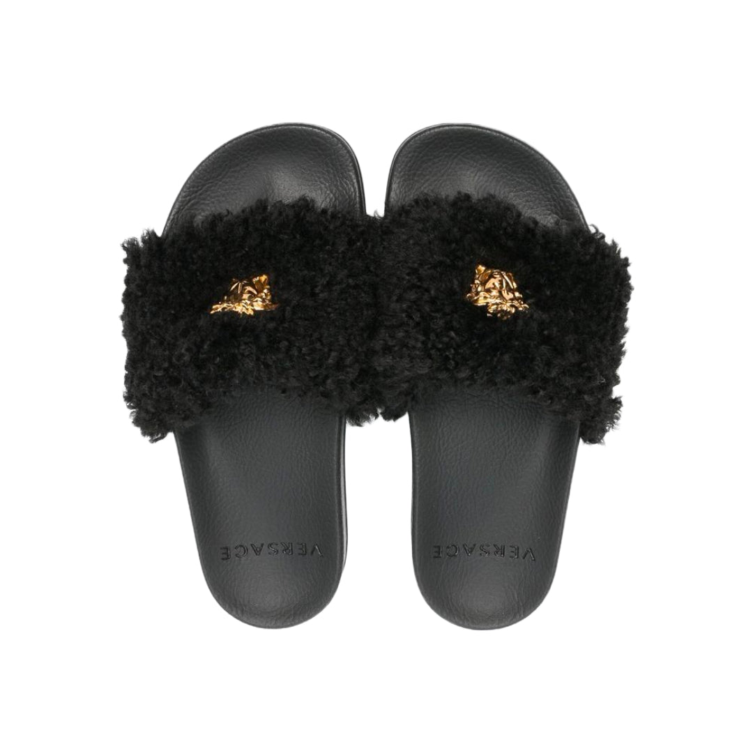 VERSACE KIDS MEDUSA FAUX FUR SLIDES BLACK/GOLD