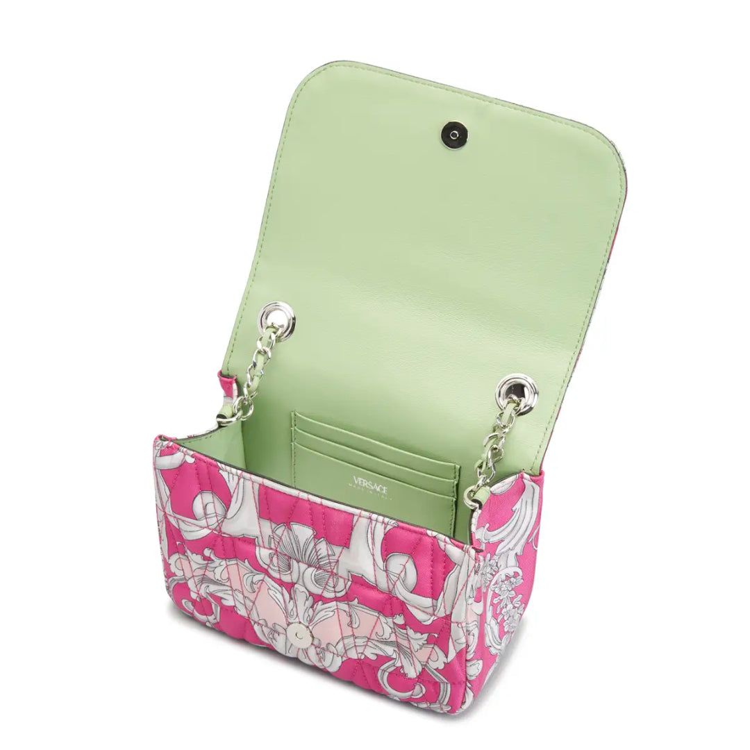 VERSACE VIRTUS BAROCCO PRINT SILK SHOULDER BAG FUCHSIA
