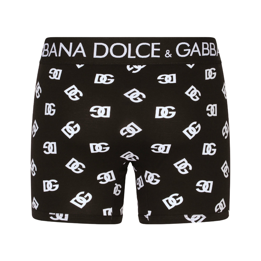 DOLCE & GABBANA LONG-LEG BOXER WITH DG LOGO PRINT BLACK/WHITE