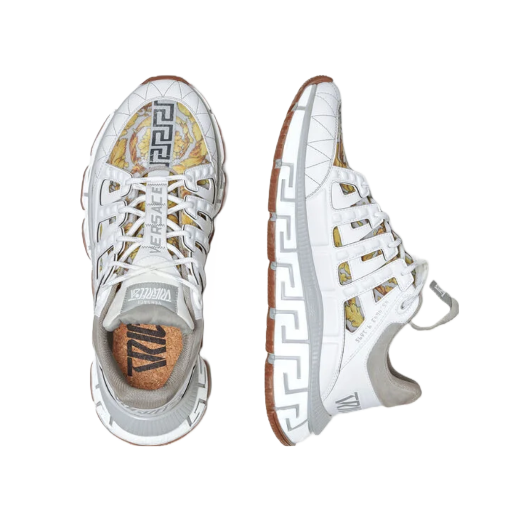 VERSACE WOMENS TRIGRECA SNEAKERS WHITE/SILVER/GOLD