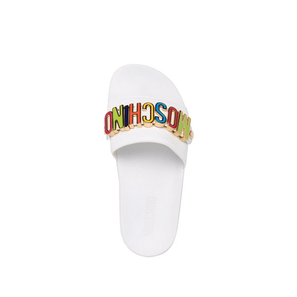 Moschino multicolor deals logo pool sandals