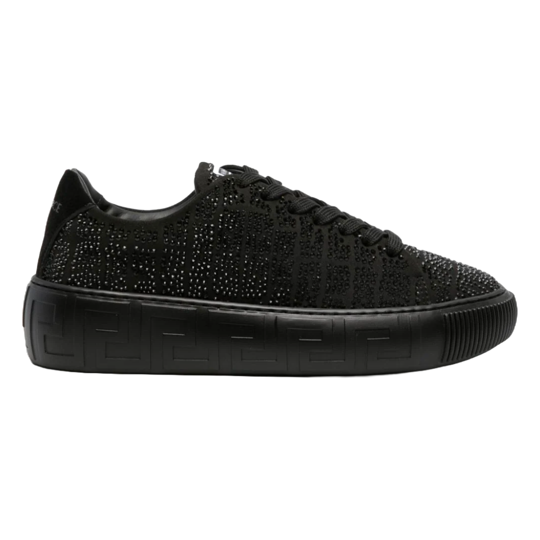 VERSACE WOMENS GRECA CRYSTAL EMBELLISED SNEAKER BLACK